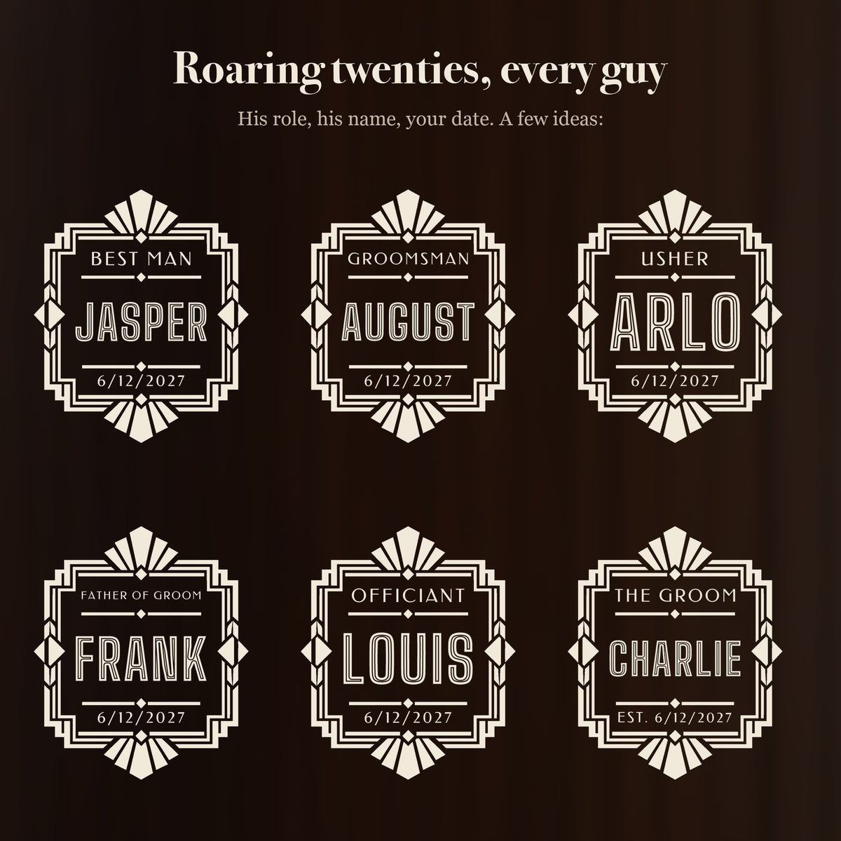 Six ways to engrave the Art Deco groomsmen stein: Best Man Jasper, Groomsman August, Usher Arlo, Father of Groom Frank, Officiant Louis and more