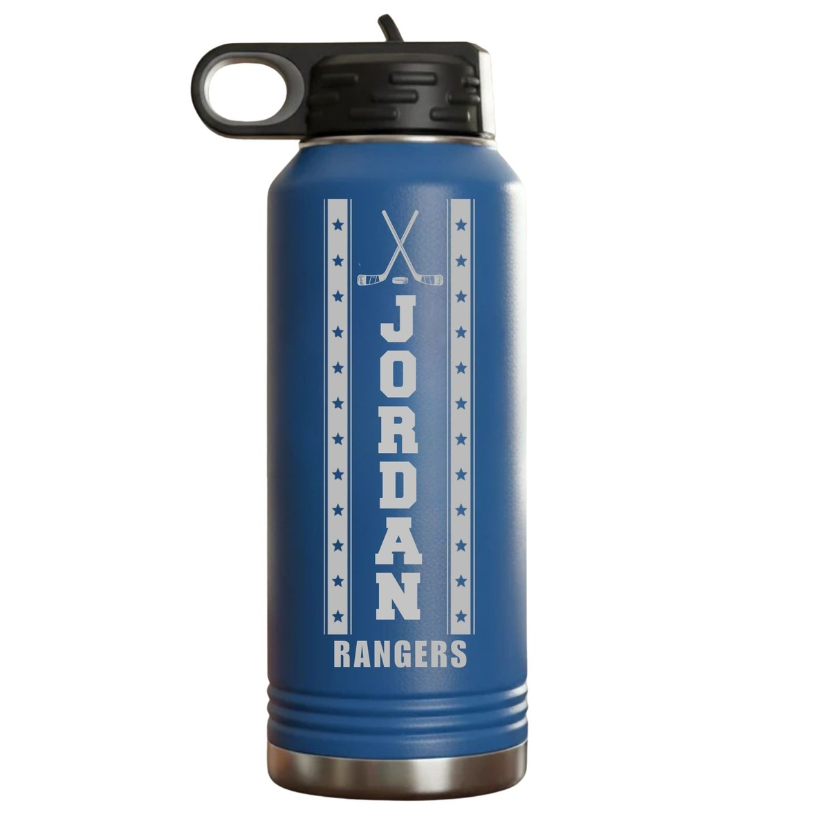 Black 32oz insulated hockey water bottle laser engraved with crossed sticks, star bands and a personalized name for a wedding party gift