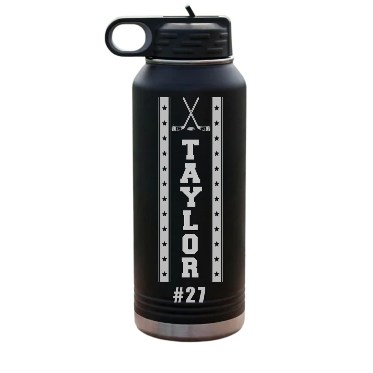 Hockey water bottle in a powder coat finish engraved with crossed hockey sticks and a vertical name for a wedding party member