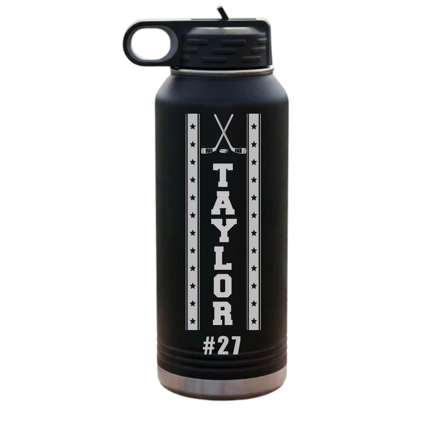 Hockey water bottle in a powder coat finish engraved with crossed hockey sticks and a vertical name for a wedding party member
