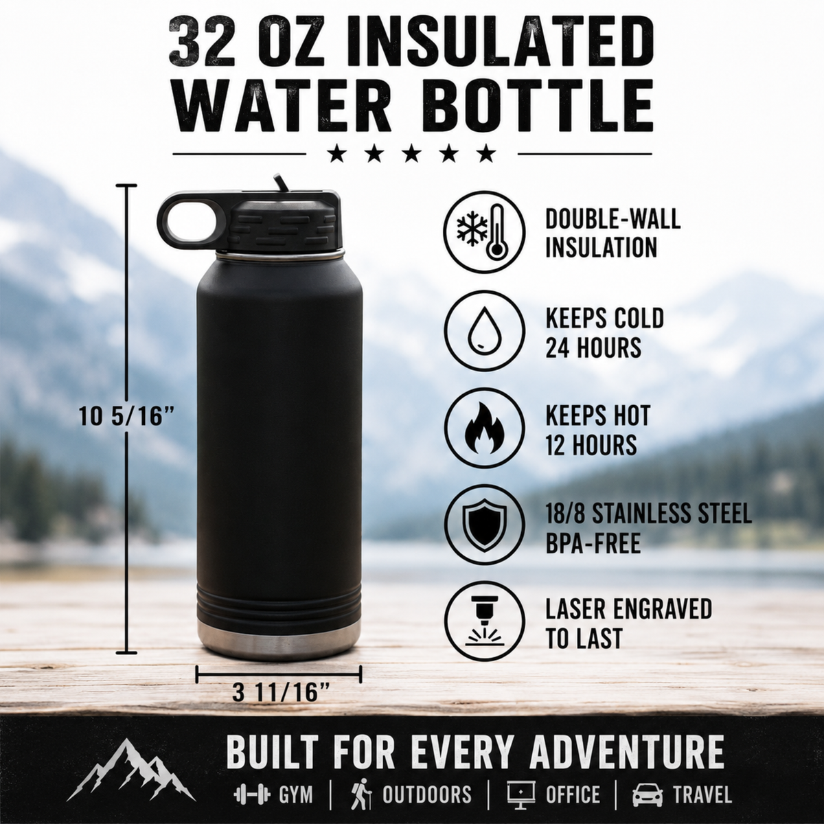 Specification card for the 32oz double wall insulated hockey water bottle, 10 and 5 sixteenths inches tall by 3 and 11 sixteenths wide