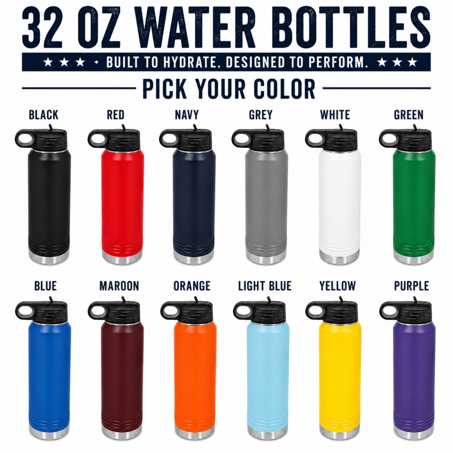 Color chart showing the twelve powder coat finishes for the personalized hockey wedding party water bottle including black red and navy