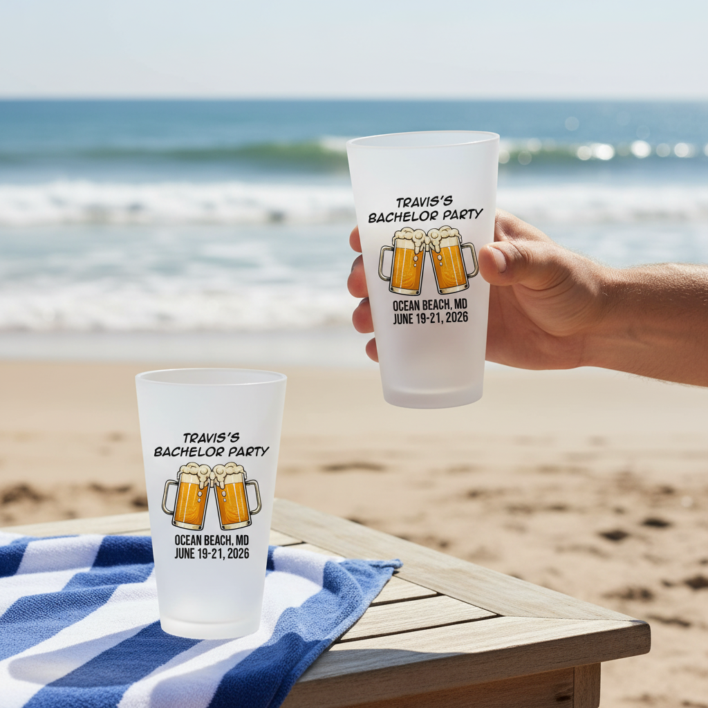 Frosted pint glasses customized with "Travis's Bachelor Party" text, beer mug graphics, and "Ocean Beach, MD June 19-21, 2026" details, displayed on beach towel and held aloft with ocean backdrop.