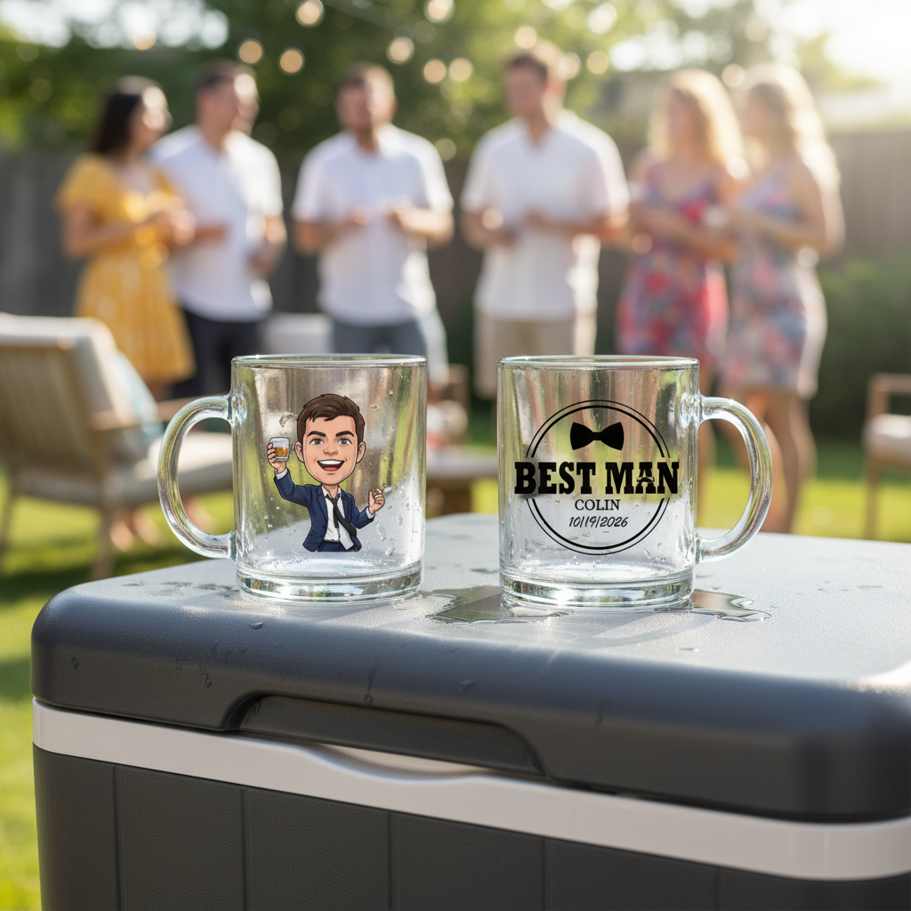 Two glass coffee mugs with personalized designs: one featuring a caricature illustration of a man in a suit, the other displaying "BEST MAN COLIN" with date "10/19/2026" in circular badge design, displayed outdoors at a gathering.