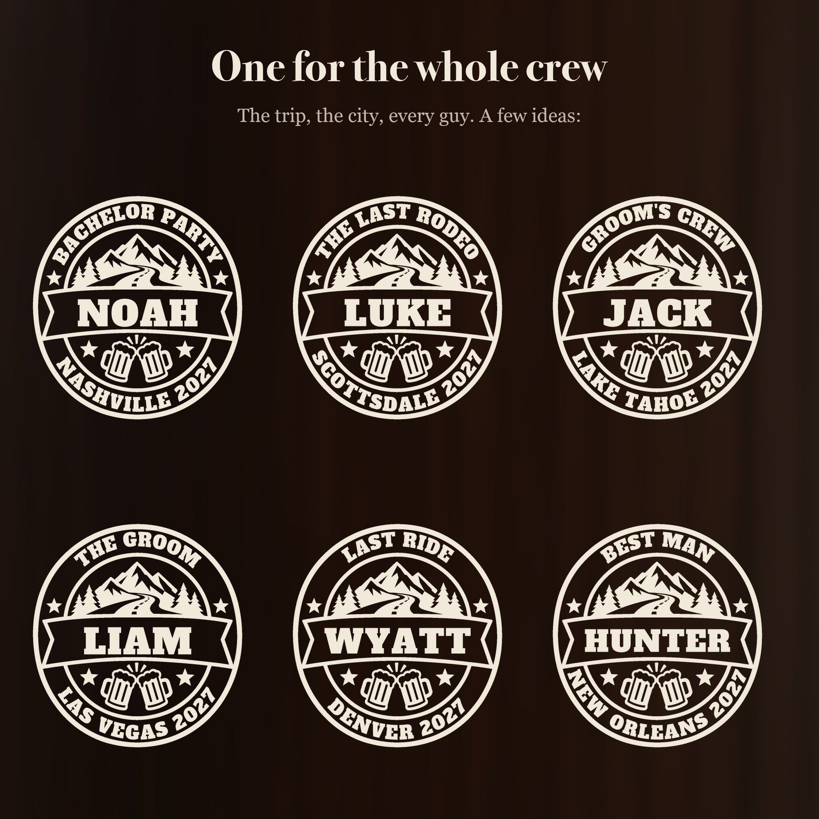 Six ways to engrave the bachelor party crew stein: Bachelor Party Noah, The Last Rodeo Luke, Groom's Crew Jack, The Groom Liam, Last Ride Wyatt and more