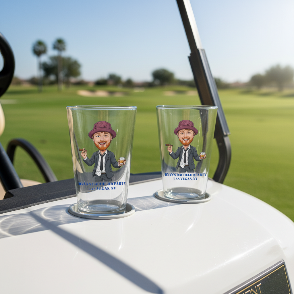 Two personalized pint glasses with sample caricature illustrations and "Ryan's Bachelor Party Las Vegas, NV" text, displayed on a golf cart overlooking a fairway