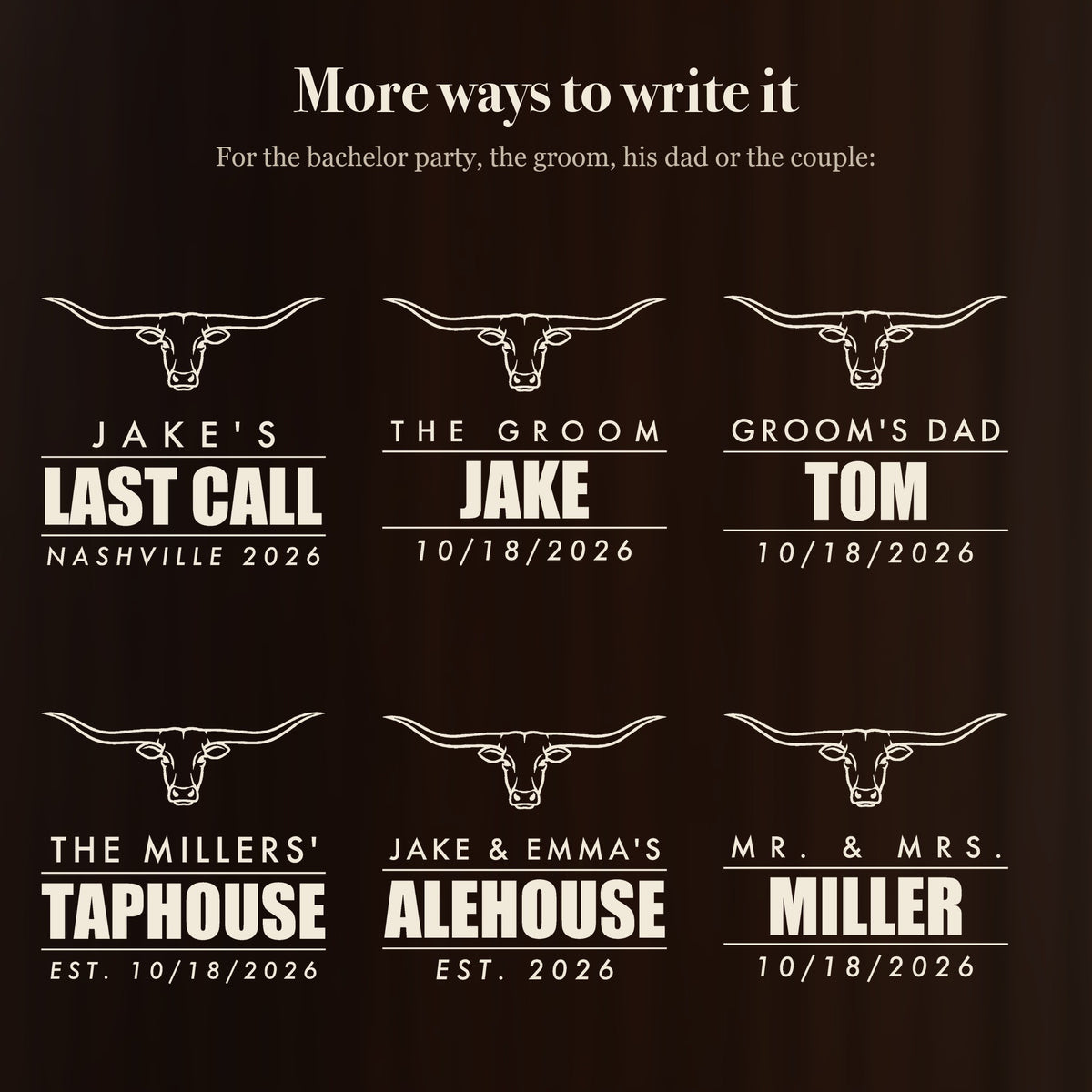 More ways to personalize the longhorn beer stein: Jake's Last Call for the bachelor party, The Groom, Groom's Dad and Mr. and Mrs. Miller