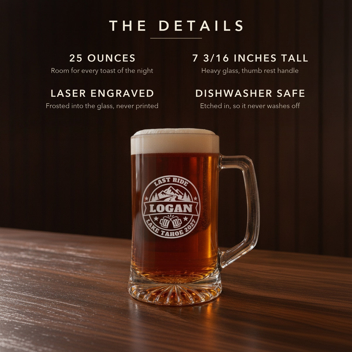 Details card for the bachelor party crew stein: 25 ounces, 7 3/16 inches tall, laser engraved and dishwasher safe, engraved Last Ride Logan, Lake Tahoe 2027