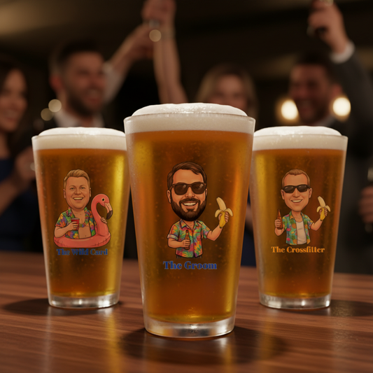 Three pints of beer with illustrated characters on a bar setting background