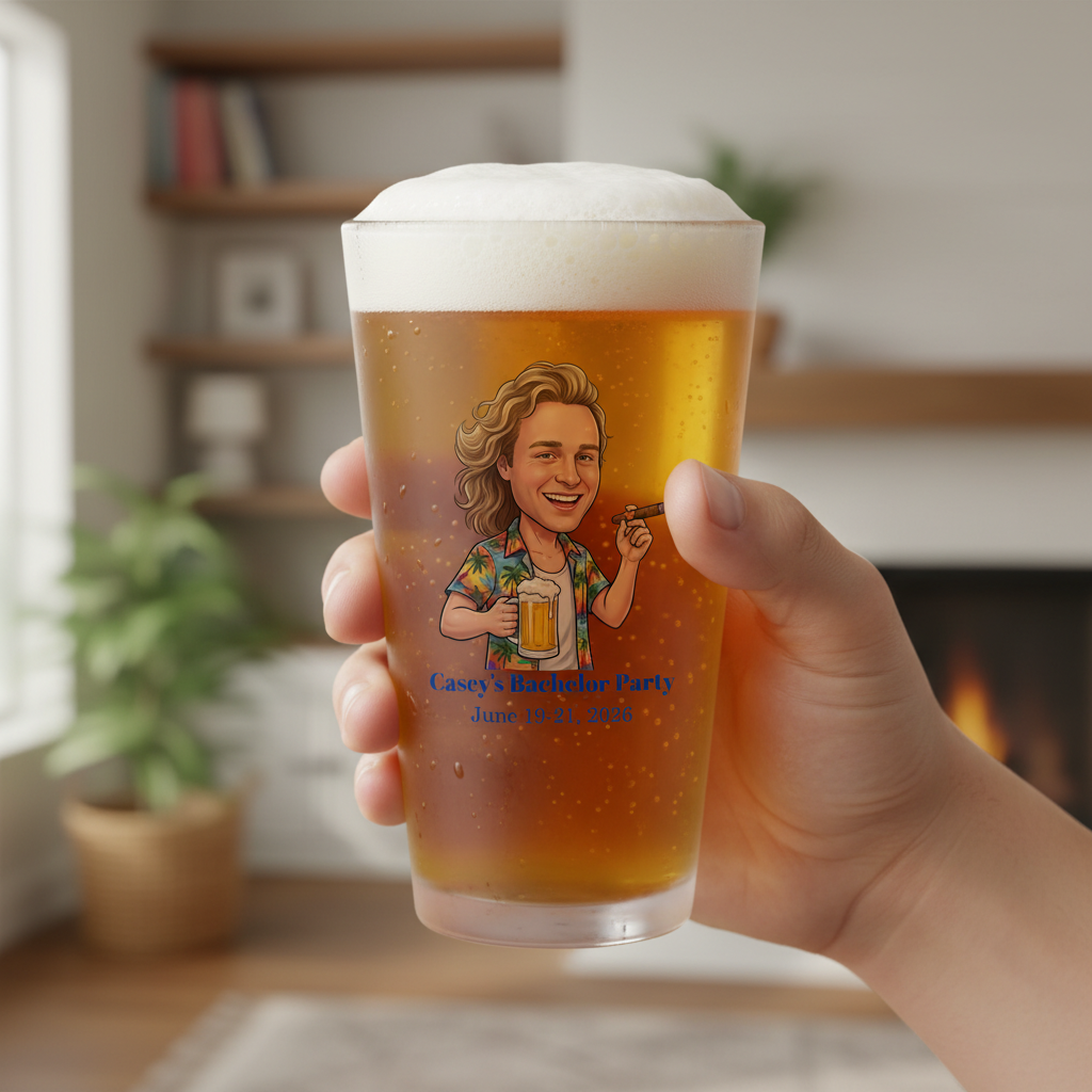 Hand holding a pint of beer with a personalized illustration in a cozy indoor setting