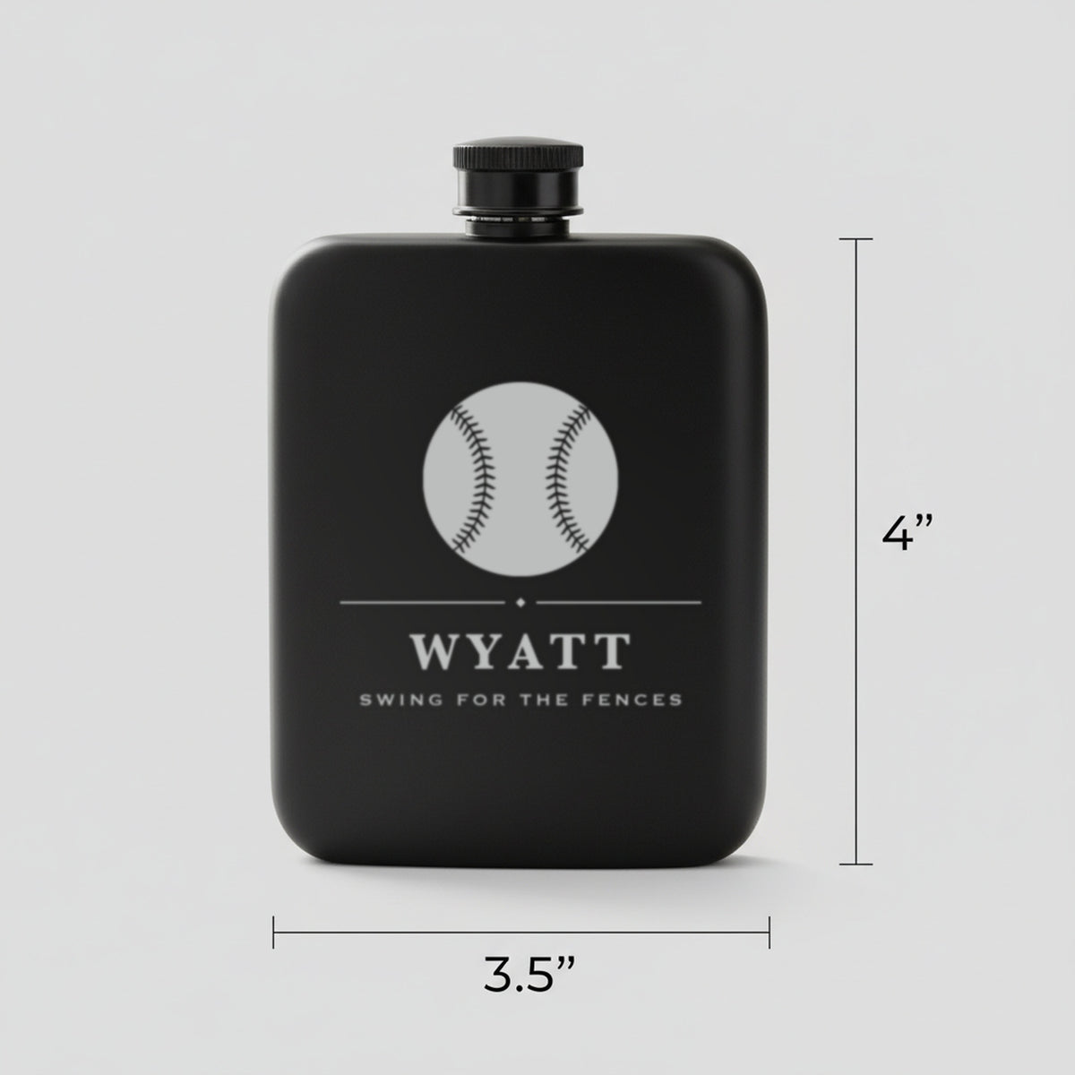 Size guide for the baseball groomsmen flask reading Swing For The Fences, 3.5 inches wide by 4 inches tall, holding 6 ounces.