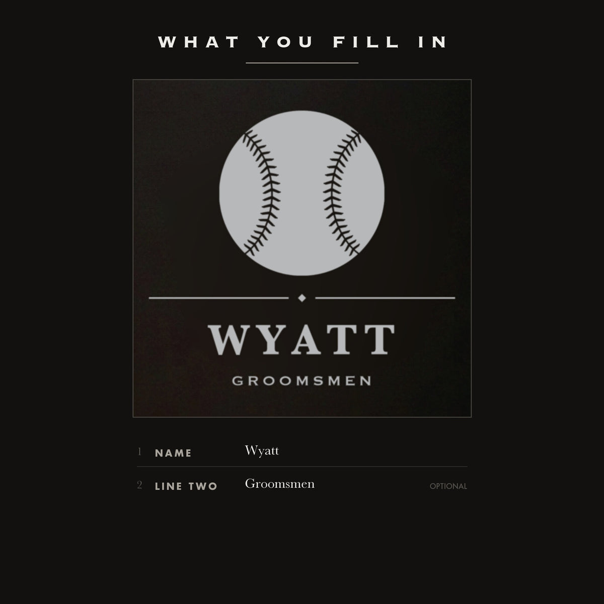 The two personalization fields on the baseball groomsmen flask, his name plus one optional line such as Groomsmen.