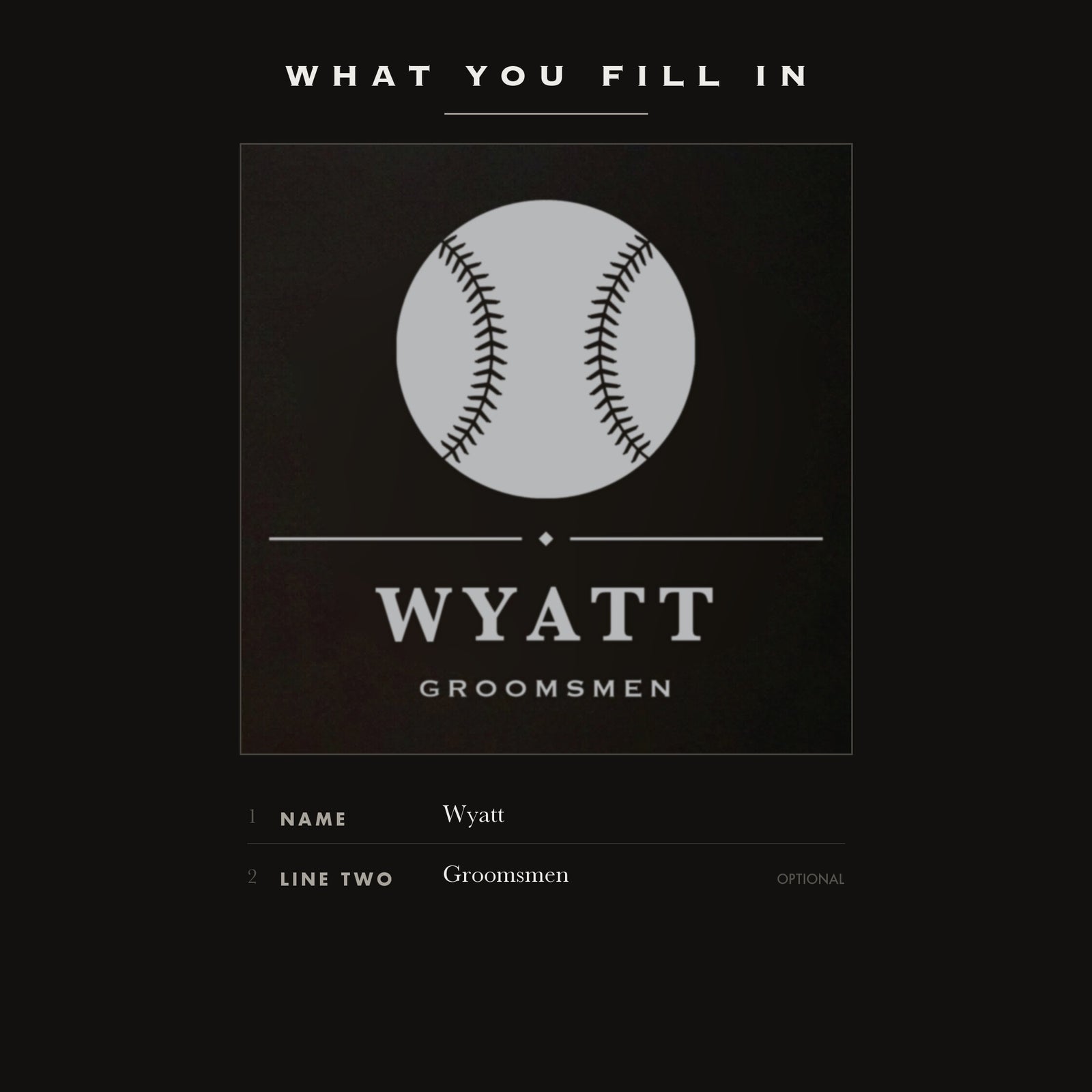 The two personalization fields on the baseball groomsmen flask, his name plus one optional line such as Groomsmen.