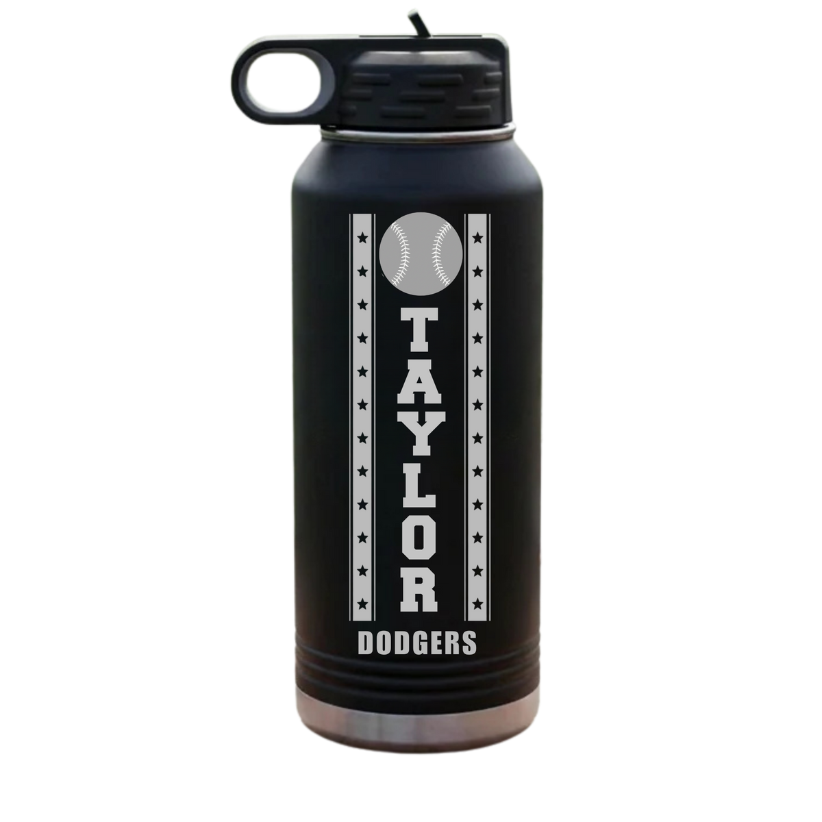 Black 32oz personalized baseball water bottle engraved with the name TAYLOR and a team name below, a gift for the wedding party