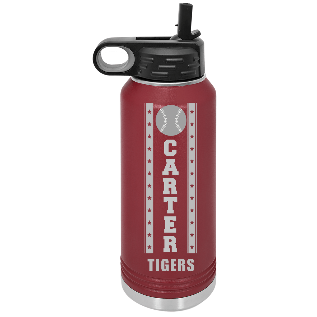 Maroon insulated baseball water bottle engraved with the name CARTER and TIGERS, a personalized gift for the junior groomsman