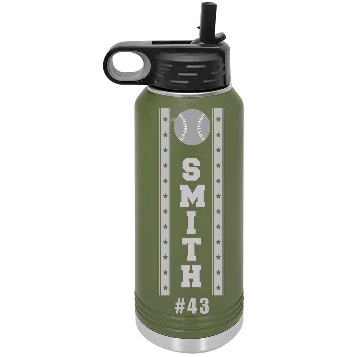 Olive green personalized baseball water bottle engraved with the name SMITH and jersey number 43 for a young wedding party member