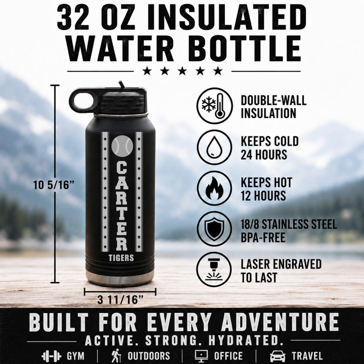Specification card for the 32oz double wall insulated baseball water bottle showing 10 and 5 sixteenths inches tall by 3 and 11 sixteenths wide