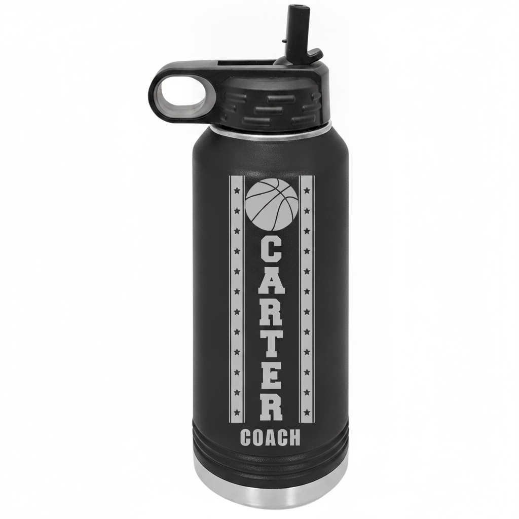 Personalized basketball groomsman water bottle engraved with the groomsman's name, a basketball groomsmen gift