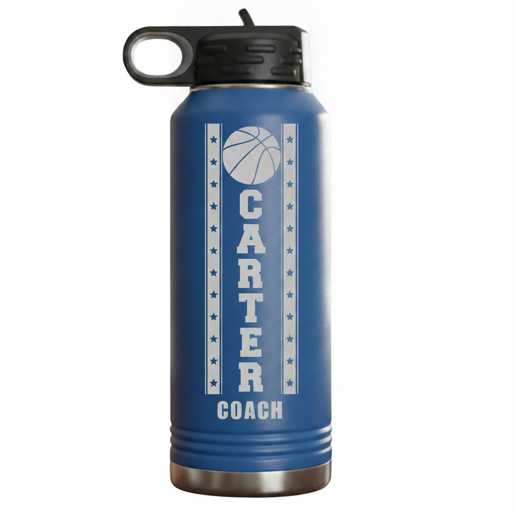 Personalized basketball groomsman water bottle engraved with the groomsman's name, a basketball groomsmen gift