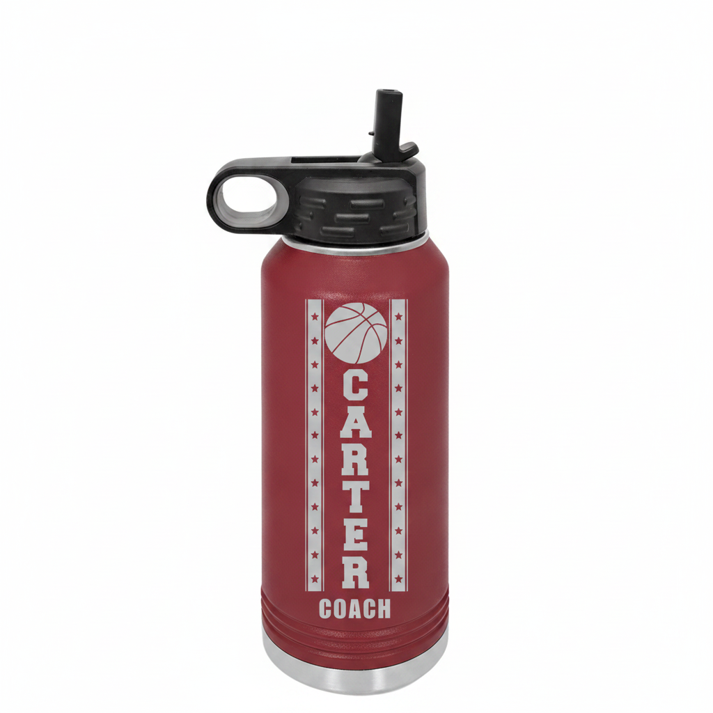 Personalized basketball groomsman water bottle engraved with the groomsman's name, a basketball groomsmen gift