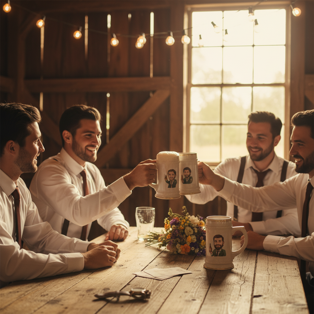 Four men in white dress shirts toasting with ceramic steins featuring personalized cartoon character portraits and gold-rimmed details