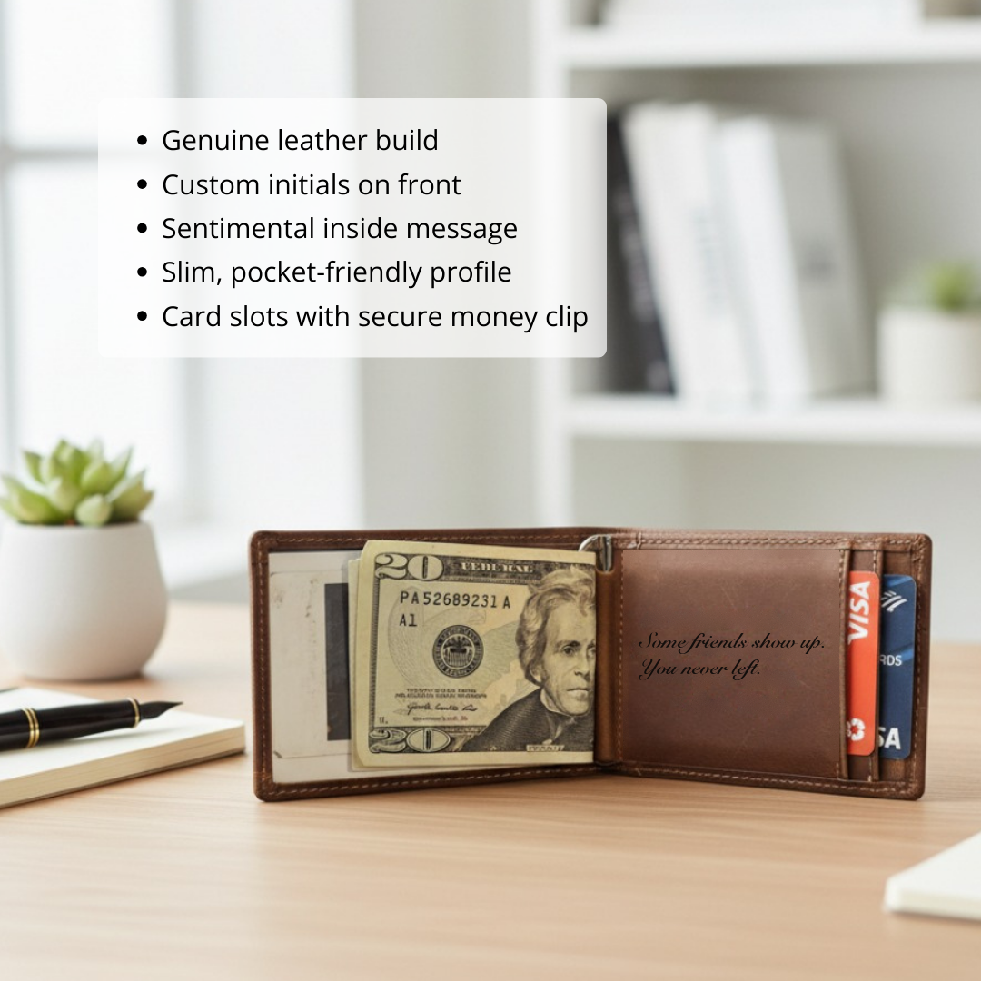 Open engraved best man wallet with a feature list covering genuine leather build, front initials and a message inside.