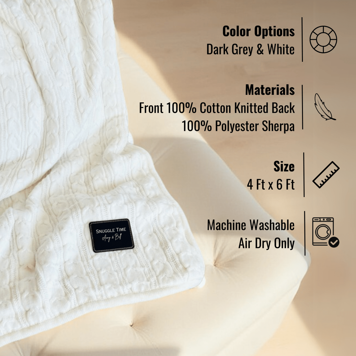 Warm &amp; plush personalized sherpa cable knit blanket with custom patch in grey or white – perfect gift for Mother&#39;s Day or birthdays