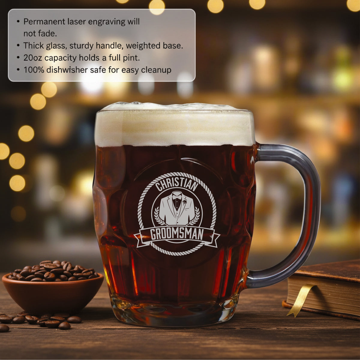 Glass beer mug filled with dark beer, laser-engraved with sample personalization reading "CHRISTIAN GROOMSMAN" and tuxedo emblem with rope border design
