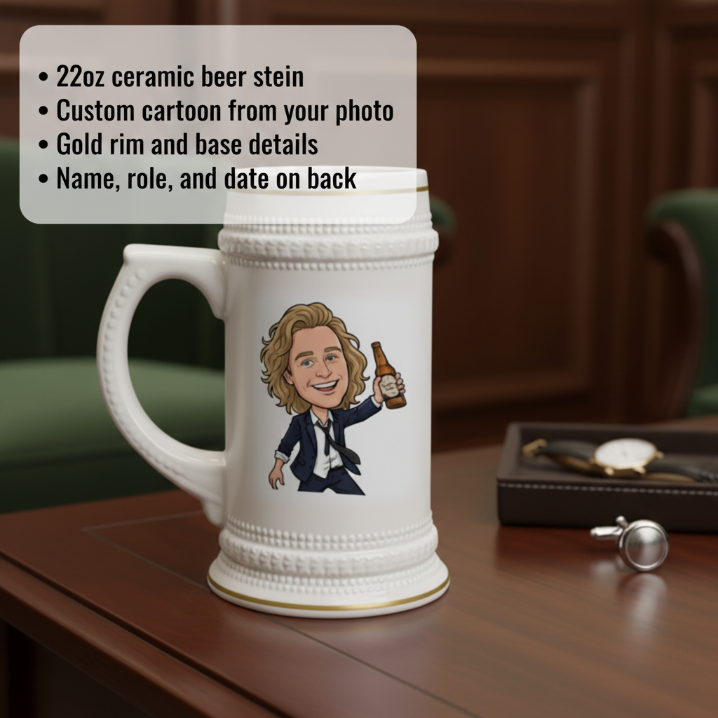 White ceramic beer stein with custom cartoon character illustration holding a beer bottle, gold trim at rim and base, displayed on wooden desk