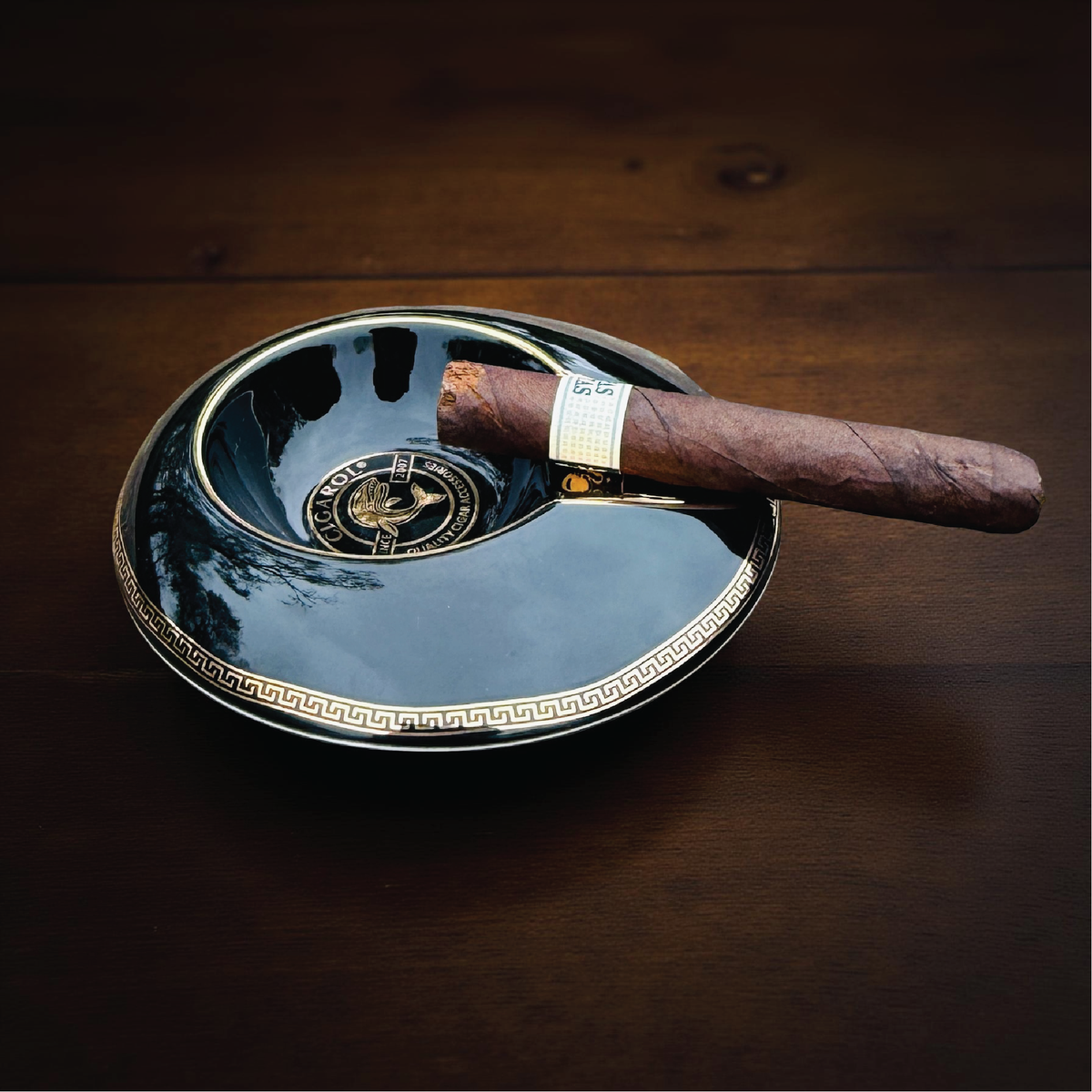 Ultimate personalized cigar gift set with engraved wooden crate, whiskey glass with cigar holder, and humidor for groomsmen.