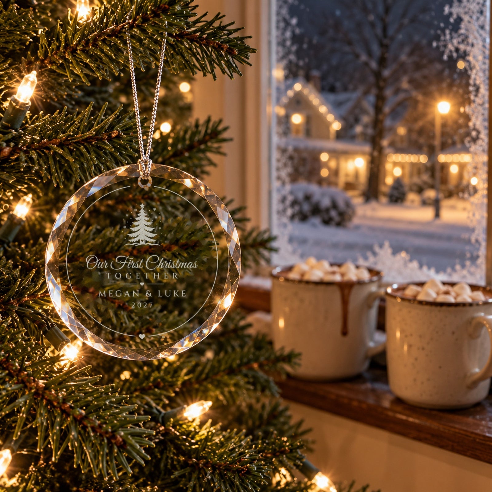 Christmas Tree design couples ornament engraved Our First Christmas Together, MEGAN & LUKE, 2027 by a snowy window with two mugs of hot cocoa