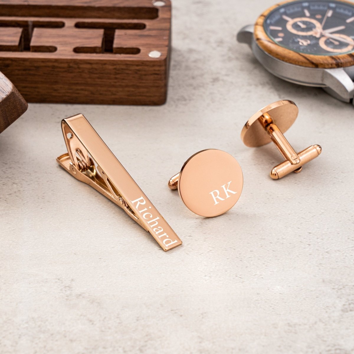 Gentry Cufflink Set Engraved Tie Bar & Cufflinks Set for Groomsmen - Wooden Box Gift Set ...