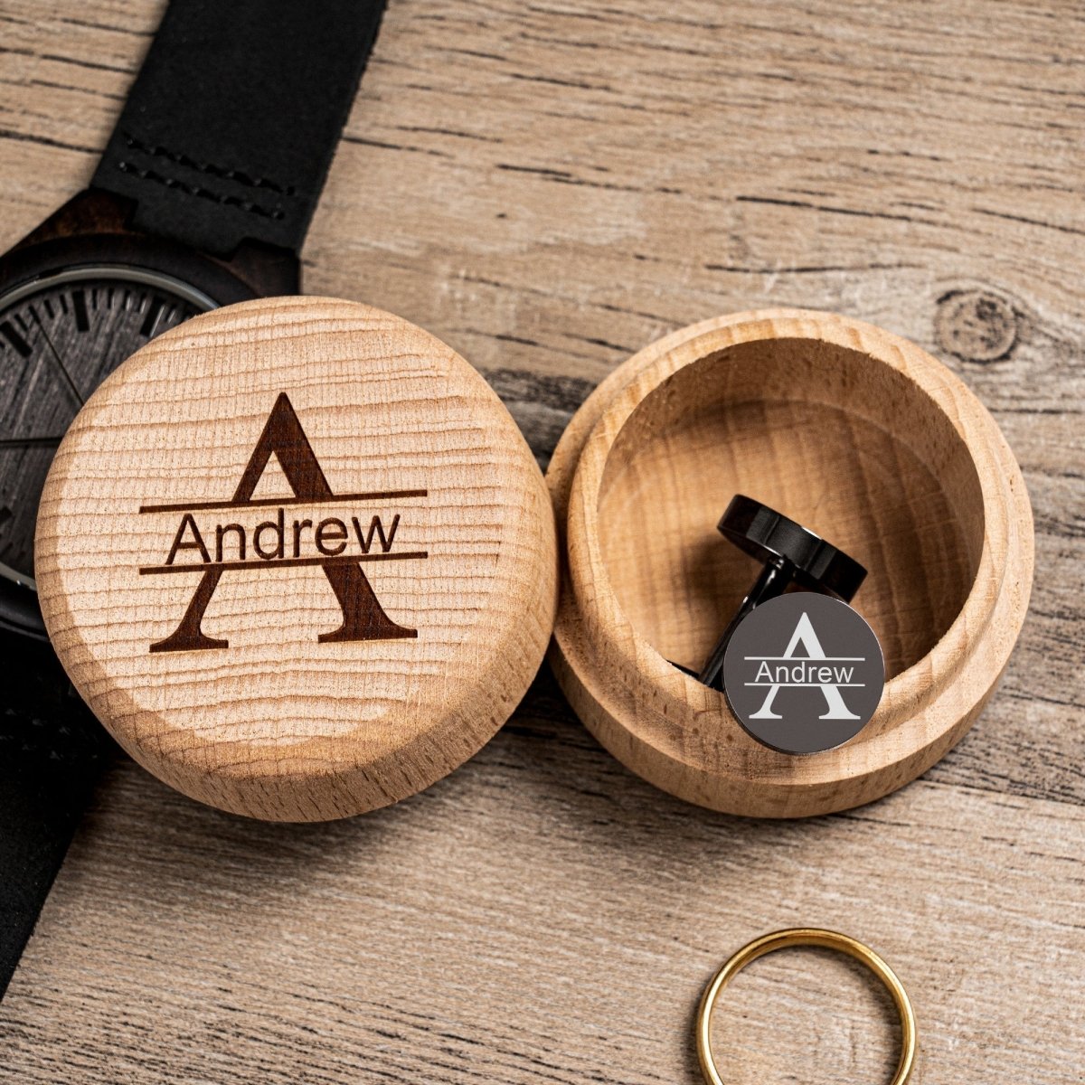 thumbnail image 2 of Personalised Wooden Engraved Cufflinks - Wedding Groom Gift With Custom Initials - Alba Laser 2 of 5