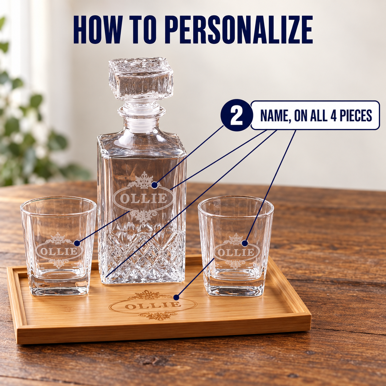 How to personalize the custom decanter set: choose the decanter shape, then add his name, engraved on all four pieces