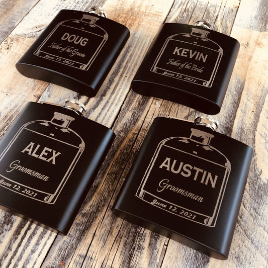 Engraved Groomsmen Flasks - Twist and Shoot Black Flask with Fun Bottle Design