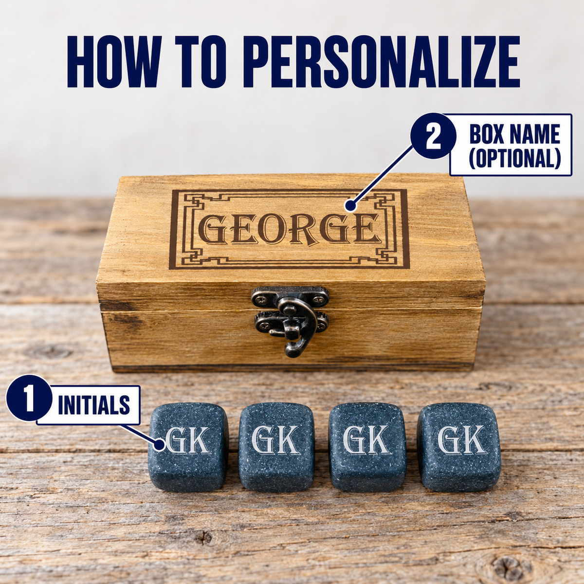 How to personalize the custom whiskey stones: add his initials for every stone and an optional name engraved on the wooden box lid