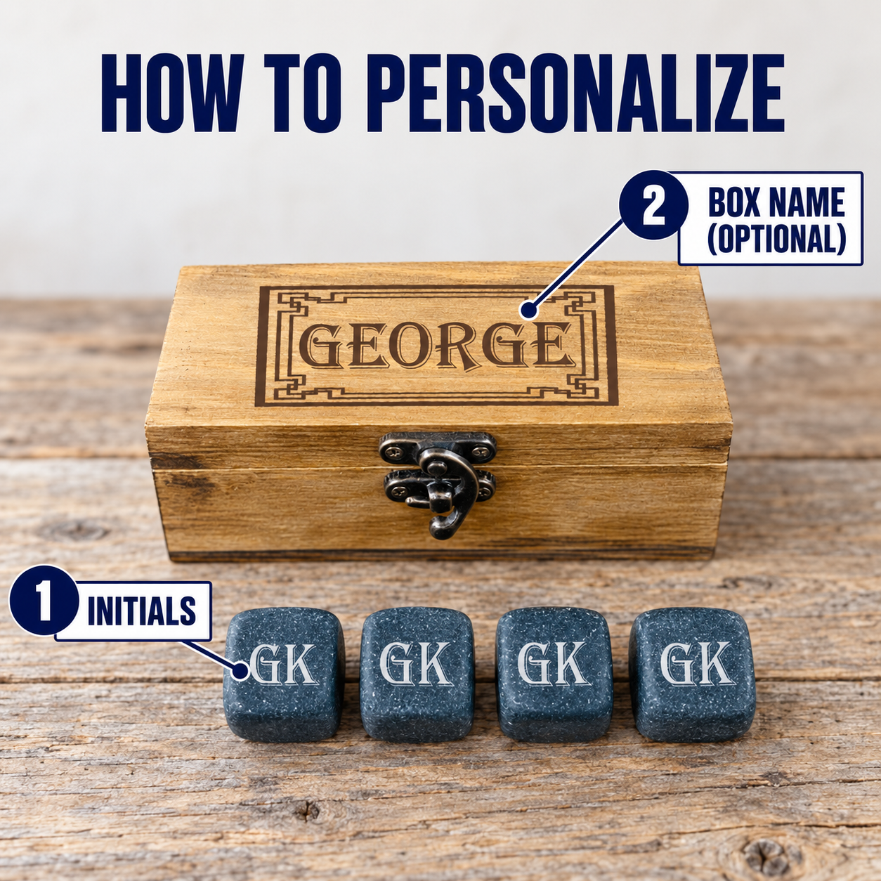 How to personalize the custom whiskey stones: add his initials for every stone and an optional name engraved on the wooden box lid