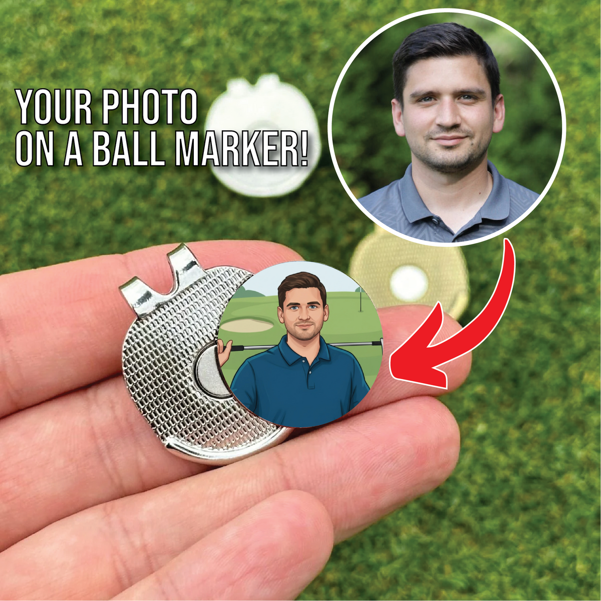 Golf ball marker with a photo of a man on it, held by a hand against a grass background.
