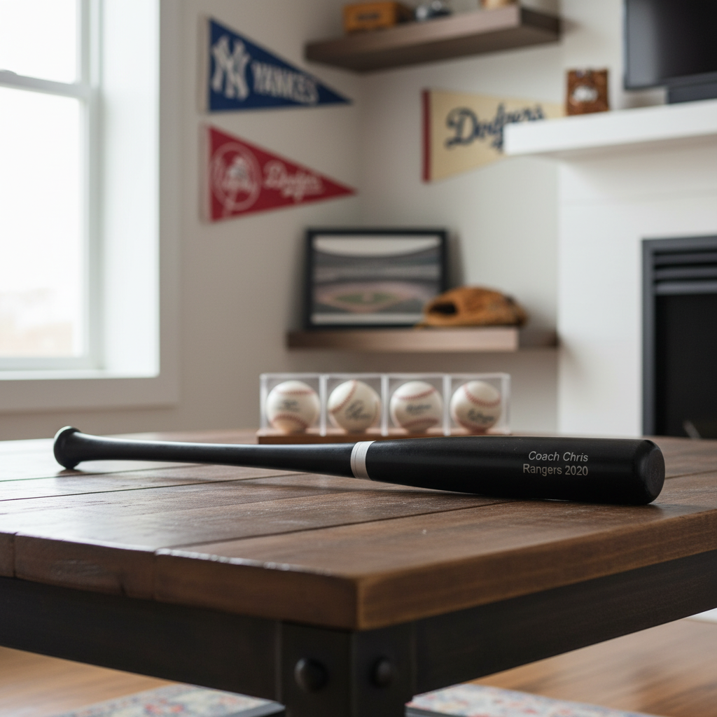 personalized Baseball bat on a wooden table with sports-themed decor in the background