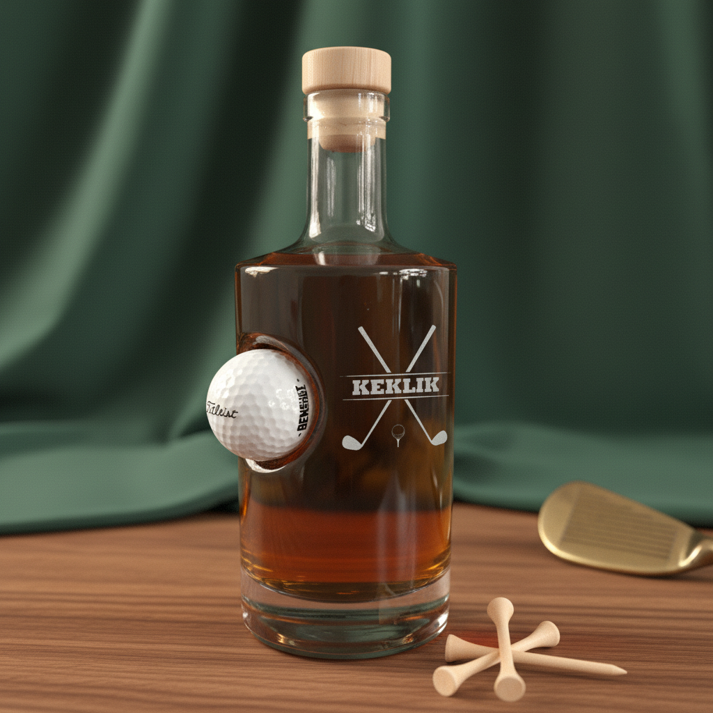 Custom decanter with sample engraving "KEKLIK" and crossed golf clubs design, real golf ball embedded in glass side, filled with amber liquid, wooden cork stopper