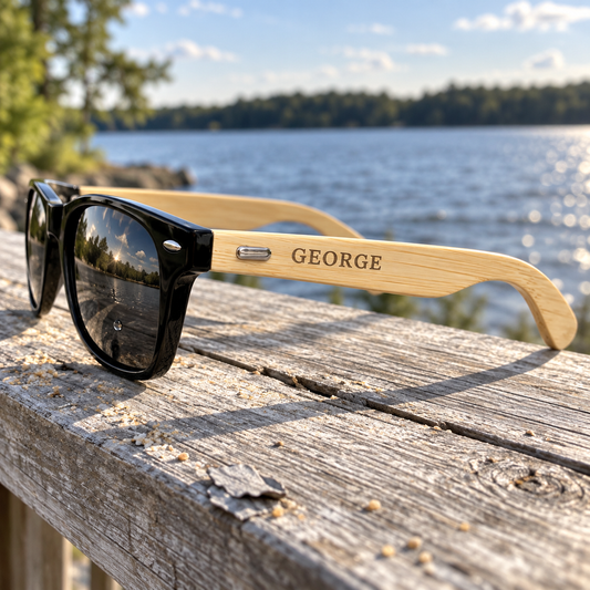 Shady Squad sunglasses with black frames lying open on a weathered deck rail, the light wood grain arm engraved GEORGE in gray-brown near the hinge