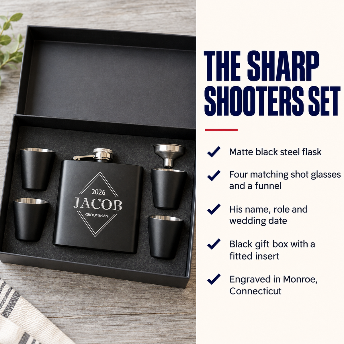 Sharp Shooters details: matte black steel flask engraved with his name, role and wedding date, four shot glasses and a funnel in a black gift box