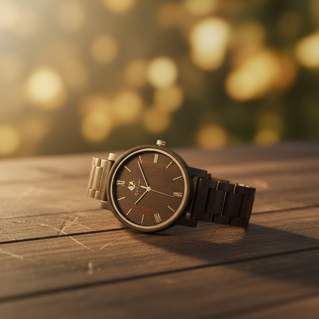 Ebony wood watch with stainless steel accents and Roman numeral dial, displayed on wooden surface with warm bokeh background
