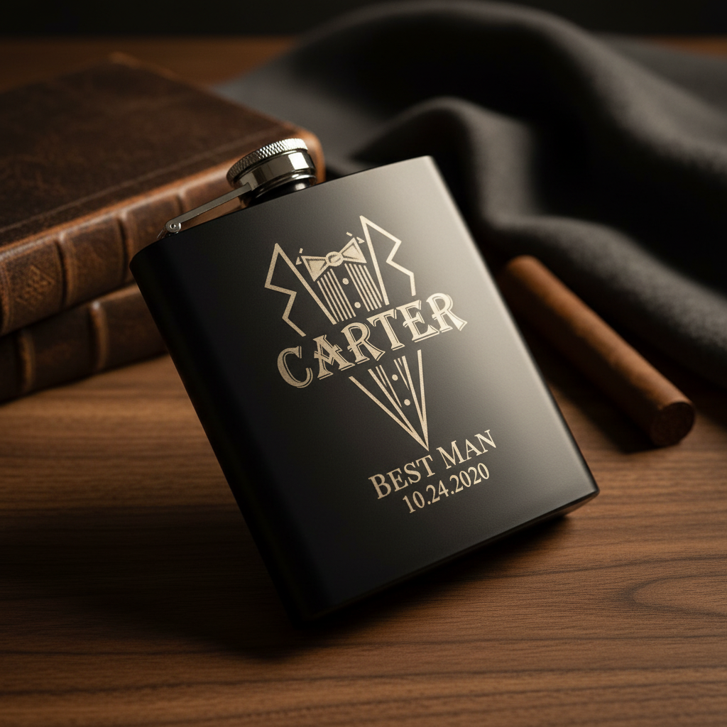 Matte black flask engraved with sample design showing tuxedo graphic, name "CARTER," and date "10.24.2020," displayed on wooden surface with leather-bound book and cigar.