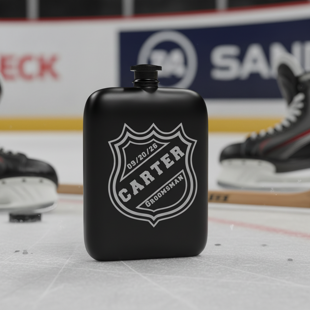 Black stainless steel flask with laser-engraved hockey crest design featuring sample text "CARTER" and "GROOMSMAN" with date "08/20/25" on ice rink background.