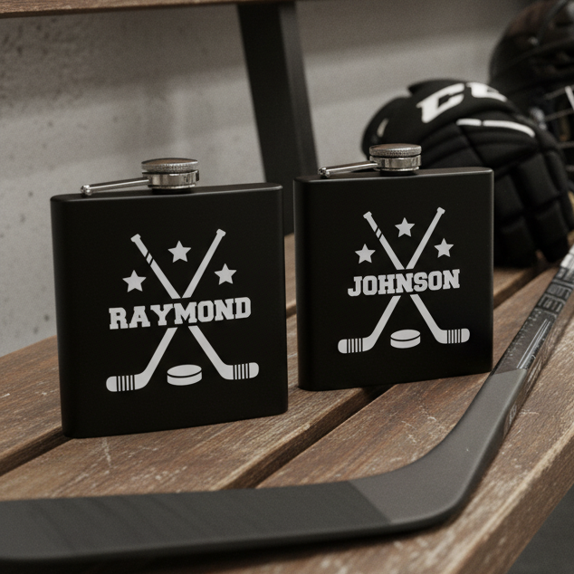 Two black matte flasks with engraved hockey stick and puck design, personalized with sample names "Raymond" and "Johnson" surrounded by stars