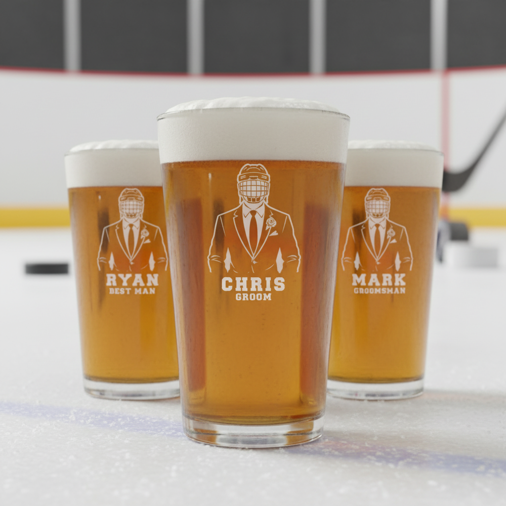 Three pint glasses filled with beer, each laser-etched with sample names "Ryan Best Man," "Chris Groom," and "Mark Groomsman" beneath an illustration of a suited figure in a hockey helmet