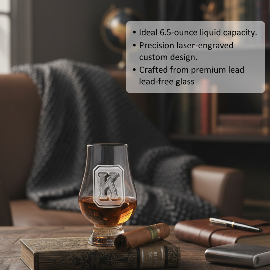Emerald Monogram personalized Glencairn whiskey glass with sand-carved monogram