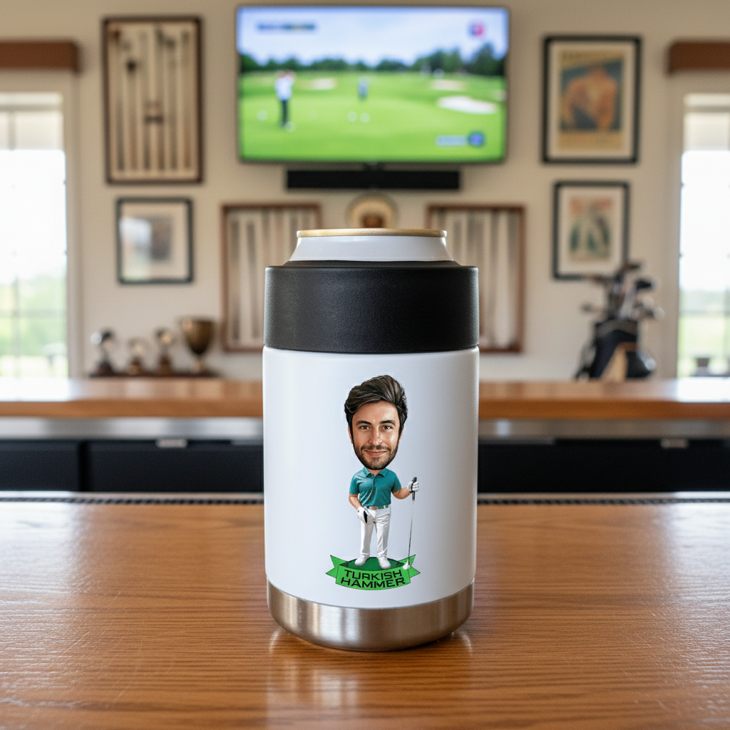 White and stainless steel can cooler with custom caricature illustration of golfer in teal shirt holding putter, sample text "TURKEY HAMMER" on green banner below figure