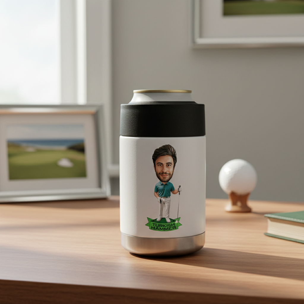 White and black can cooler with sample caricature illustration of golfer in teal shirt and "Turkish Hammer" text banner printed on front.